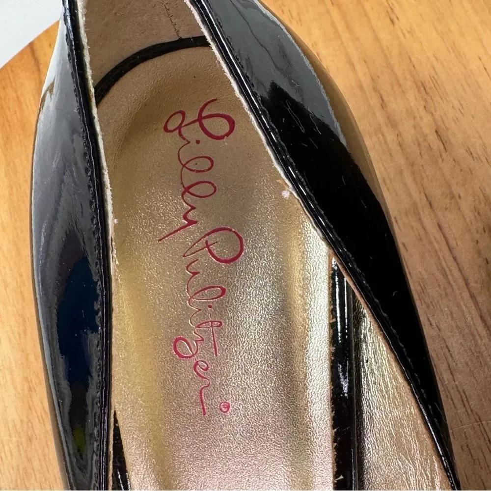 Lilly Pulitzer Patent Leather Peep Toe Wedge Heels Black 36.5 US‎ 6